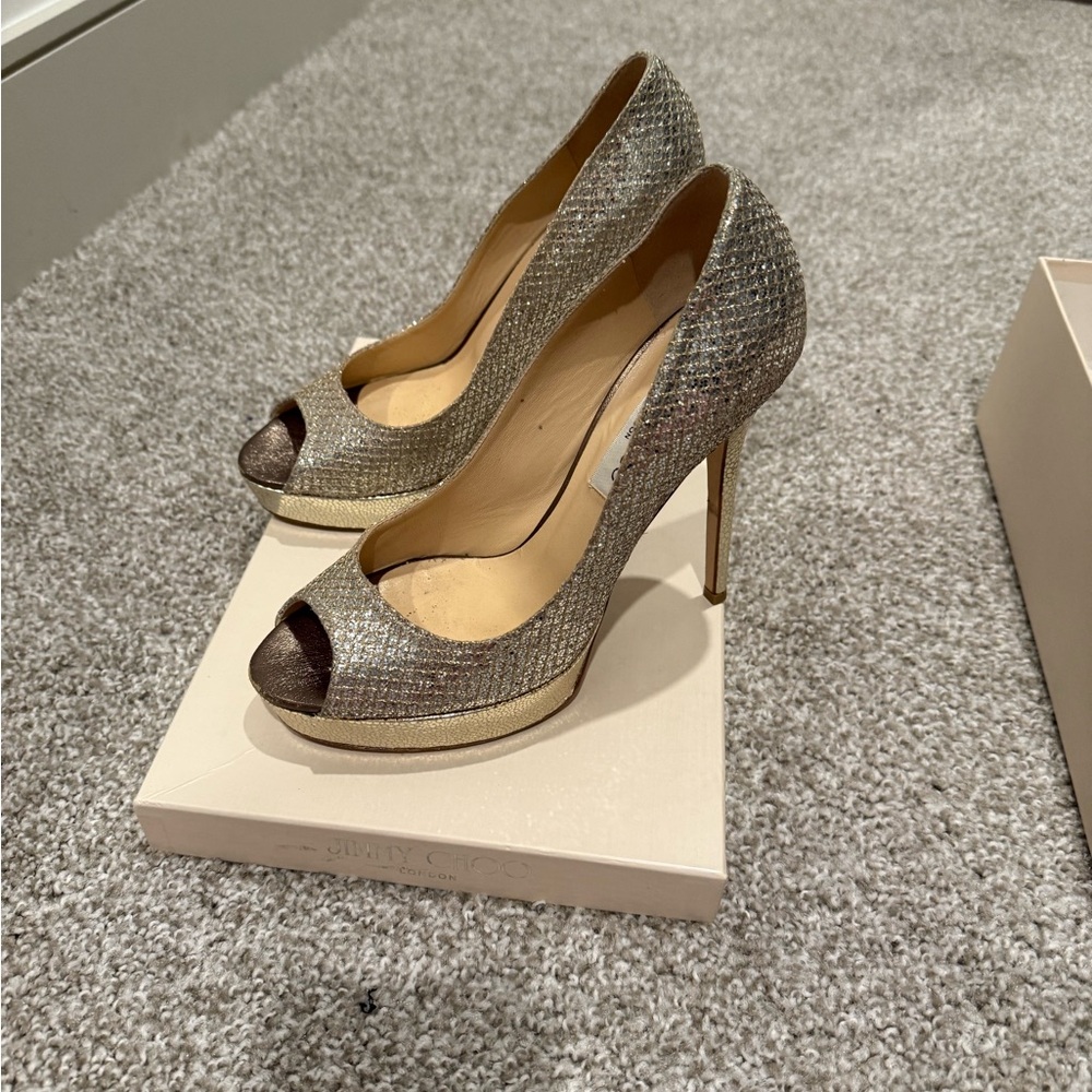 Jimmy Choo Silver Peep-Toe Heels with Stiletto